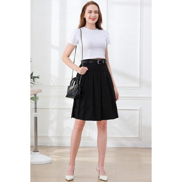 Women Knee Length Pleated Skirts, Girl Midi Long High Waisted Skirt Black - Picture 5 of 7